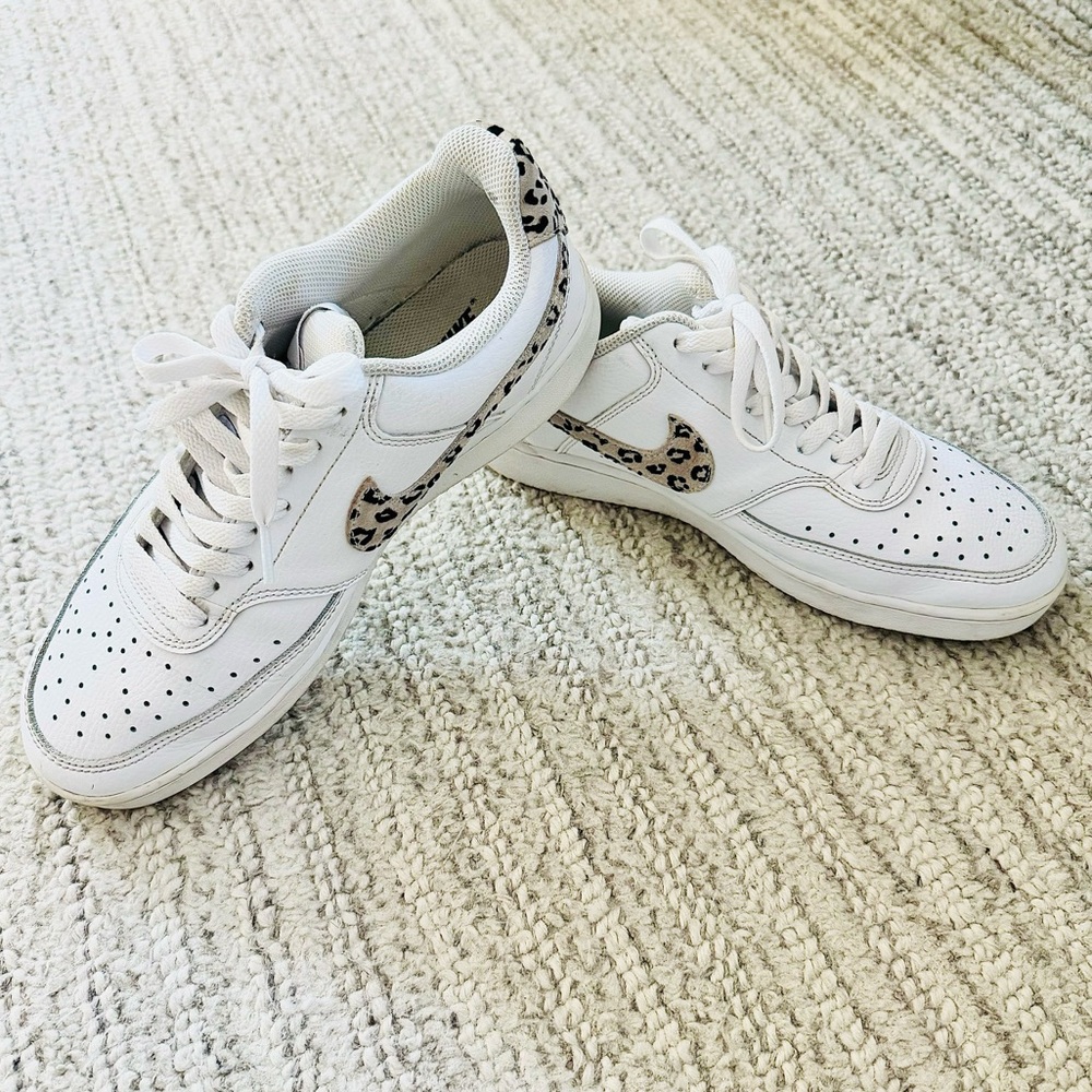 Women's Nike Court Vision Low Sneaker - White/Taupe Leopard Print - size US 10
